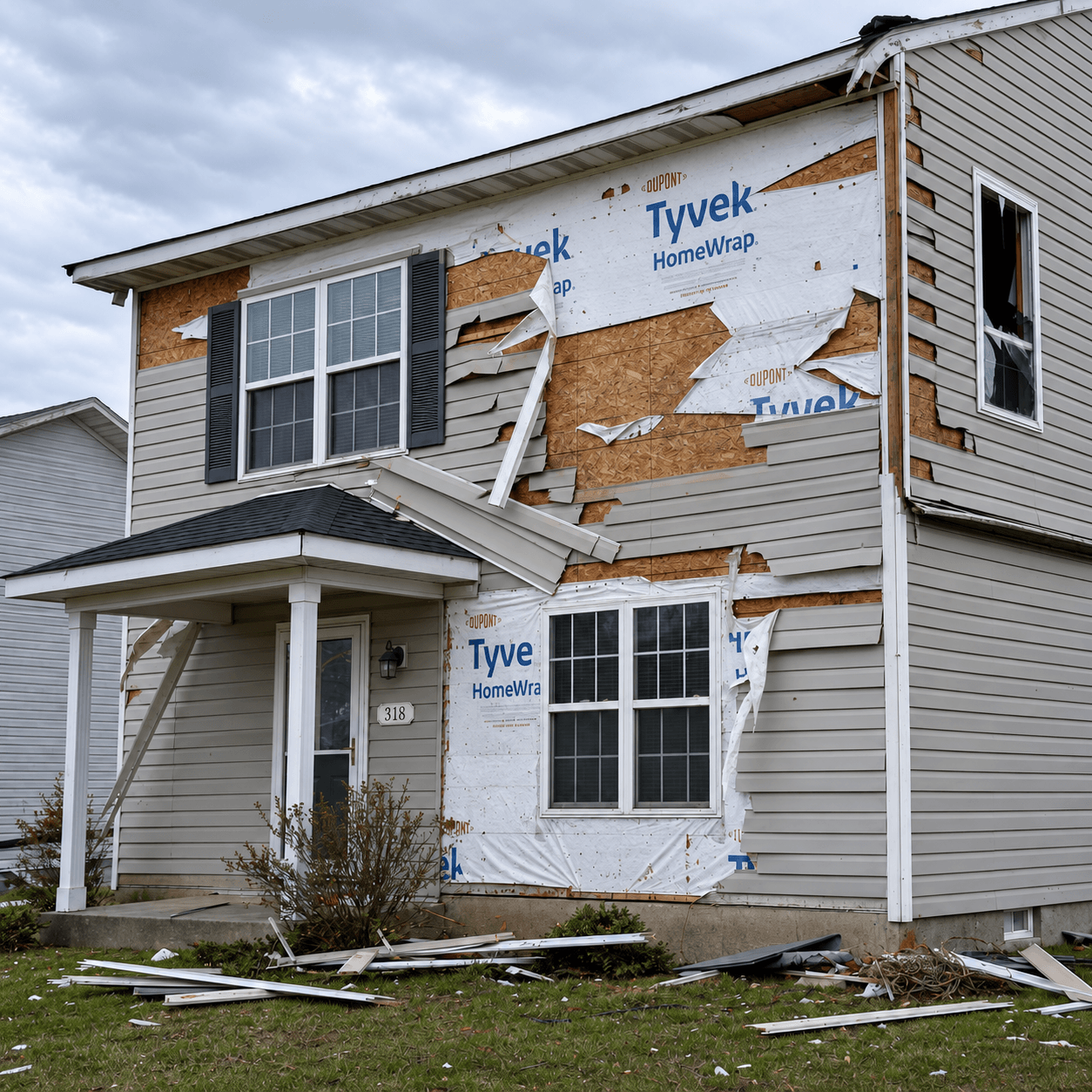 A gloved worker removes weathered siding and damaged wood before repair.